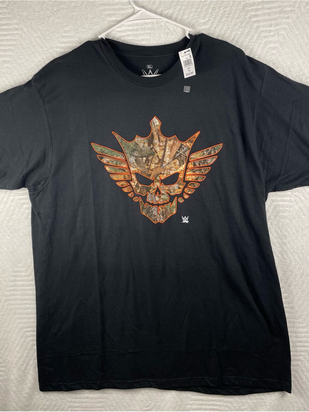 Ripple Junction Black Graphic Skull Tee with Camo Orange Accents